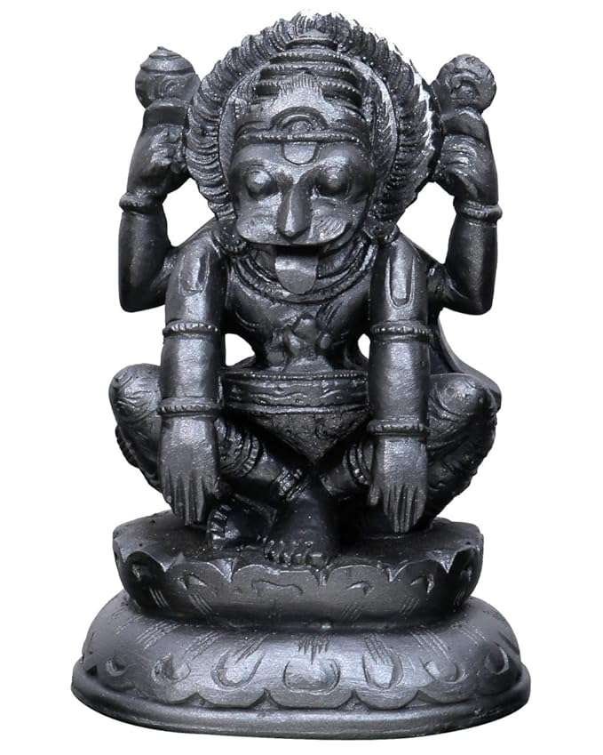 Large Narsimha Deva & Laxmi Ji On Lotus Base-Hindu God and Goddess Idol/Statue/Murti/Figurine(4.5")-Polyster Resin-Black