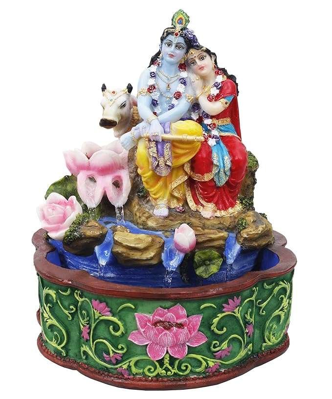 Sitting Radha and Krishna and Cow Fountain with Light Effects-Hindu God and Goddess Idol/Statue/Murti/Figurine(7"x7"x9")
