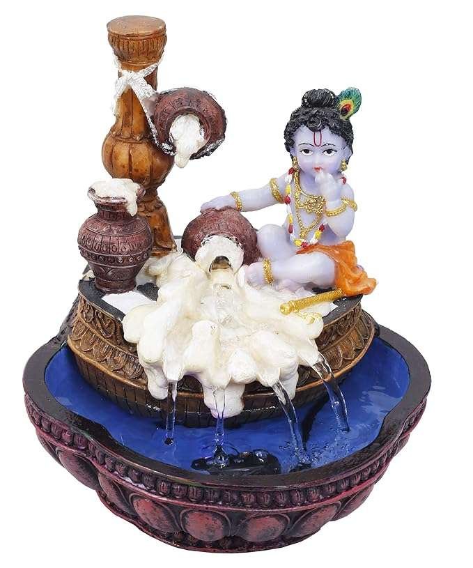 Polyresin and Marble Baby Krishna Fountain, 7"x7"x9", Multicolour