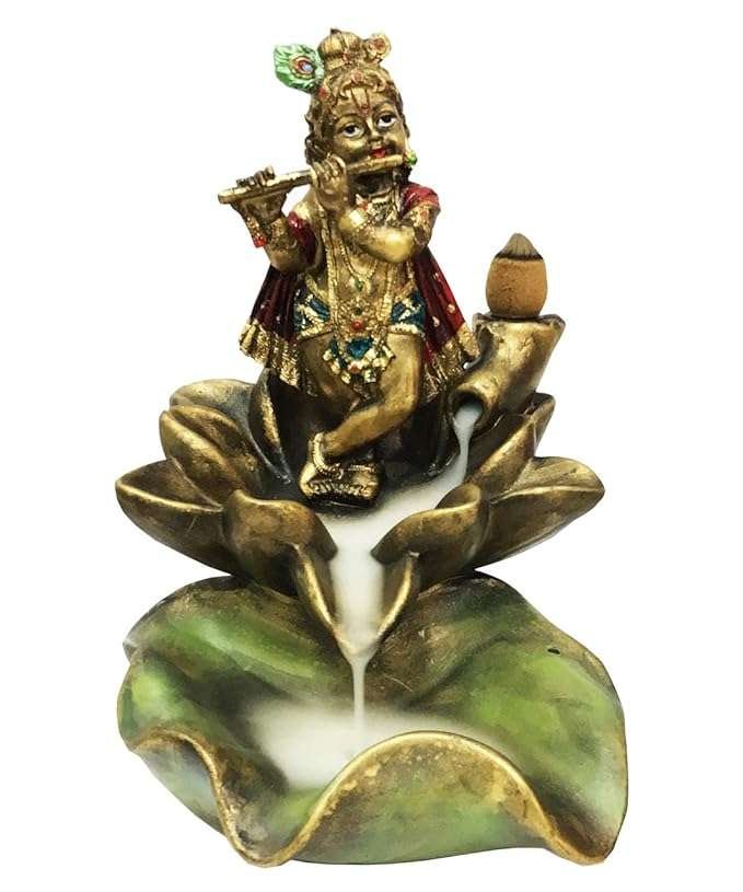 Polyresin Krishna Murti Playing Flute On Lotus Backflow Smoke Incense Fountain, Multicolour