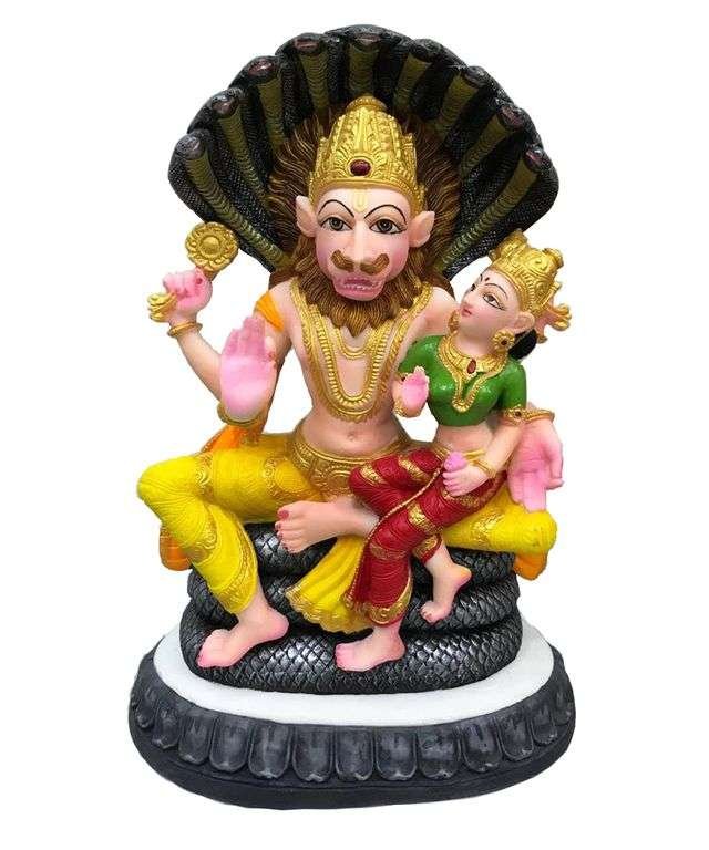 Large Narsimha Dev Murti with Laxmi Ji On Lap-Hindu God and Goddess Idol/Statue/Murti/Figurine-Height-20-Polyster Resin-Multicolour
