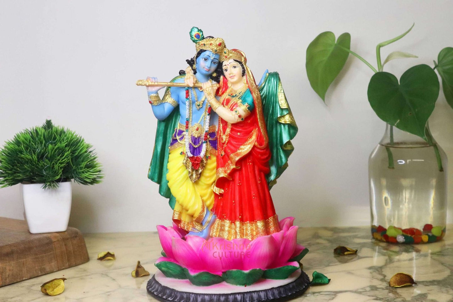 Handcrafted Big Beautiful Radha Krishna Idol On Lotus Flower-Height-10 Inches-Multicolour-Resin
