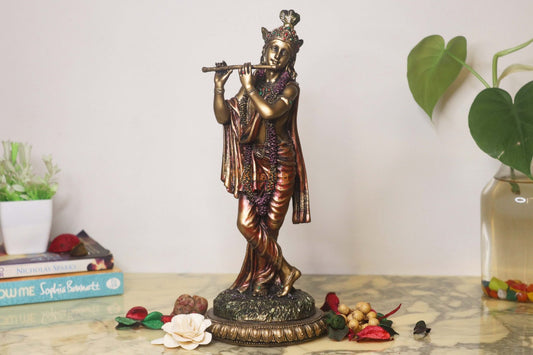 New Big Beautiful Standing Krishna Playing Flute (Slim Body) For Home Decoration-Height-12 Inches-Metallic-Resin