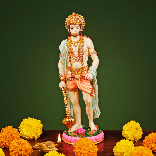 Hanuman Idol Standing Holding Gada-Multicoloured-Height-10.5 Inches-Resin-Murti For Temple
