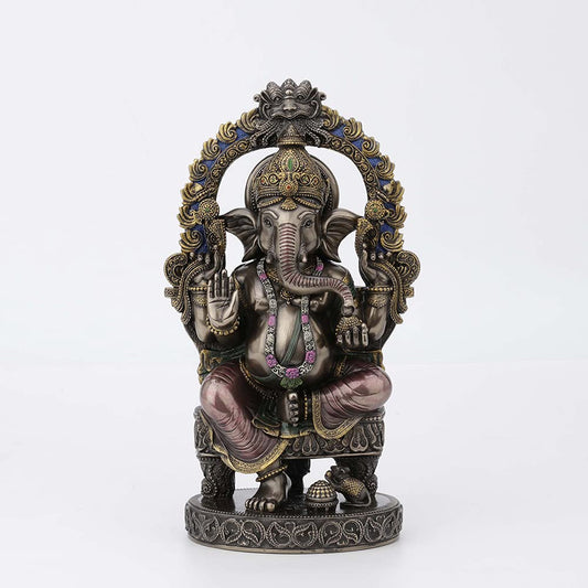New Ganesh Idol Sitting Pose Arc Style-Carved-Metallic Finish-Resin-Height-10 Inches
