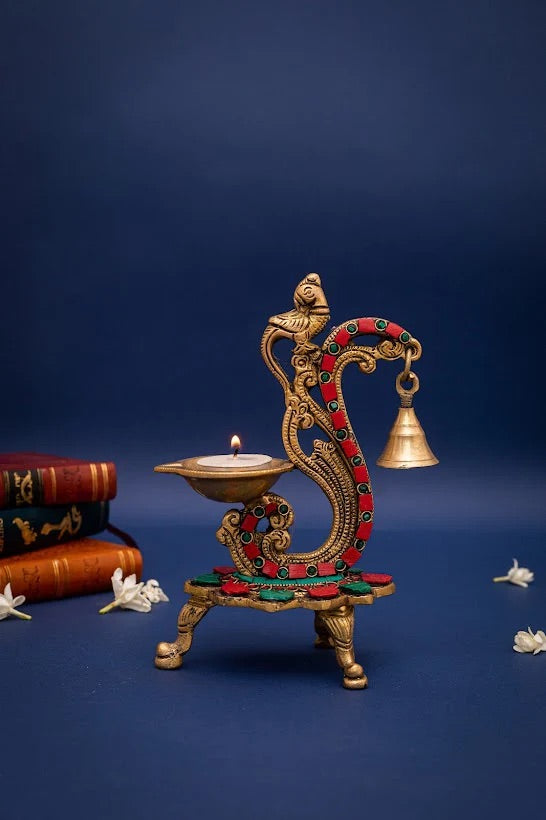 Handmade Parrot Stand With Deepak/Diya With Bell-Height-6 Inches-Inlay Work