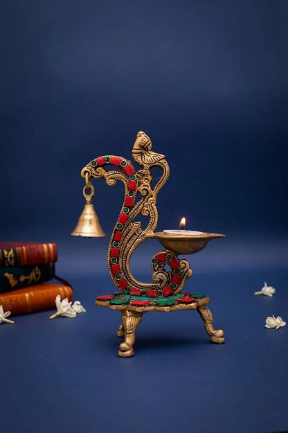 Handmade Parrot Stand With Deepak/Diya With Bell-Height-6 Inches-Inlay Work