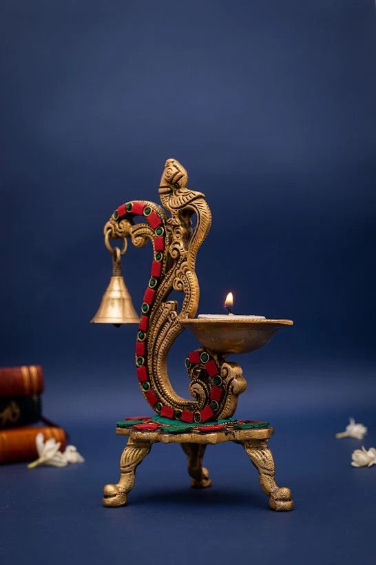 Handmade Parrot Stand With Deepak/Diya With Bell-Height-6 Inches-Inlay Work