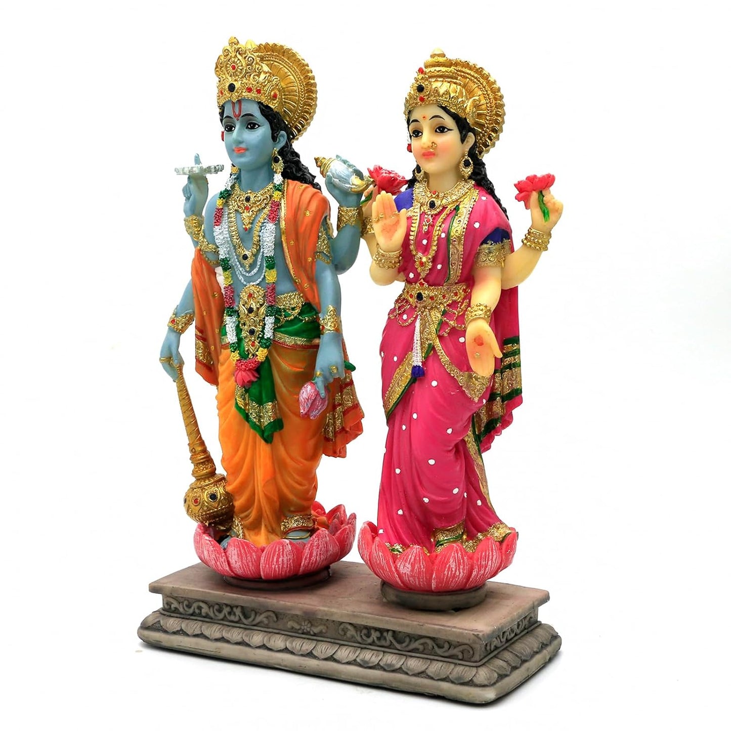 New Standing Vishnu Laxmi Idol On Base-Height-9 Inches-Multicoloured-Resin