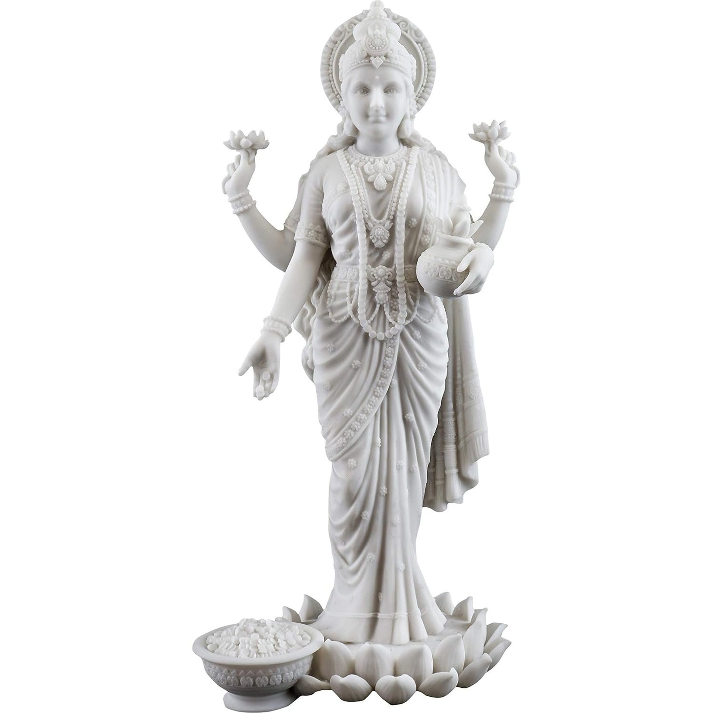 New Big Beautiful Standing Laxmi On Lotus for Home Decoration-Height-10.5 inches-Glossy White Finish-Marble