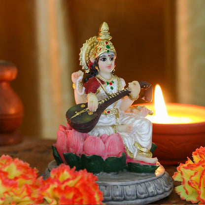 Regular Sitting Saraswati Idol Playing Sitar-Height-3.5 Inches-Multicoloured-Resin