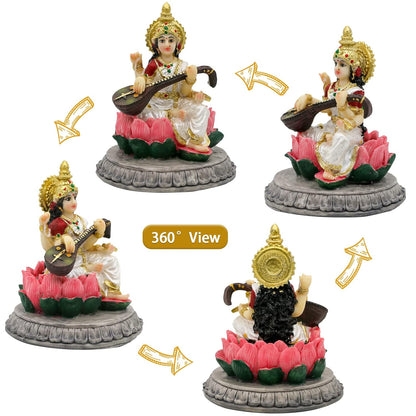 Regular Sitting Saraswati Idol Playing Sitar-Height-3.5 Inches-Multicoloured-Resin