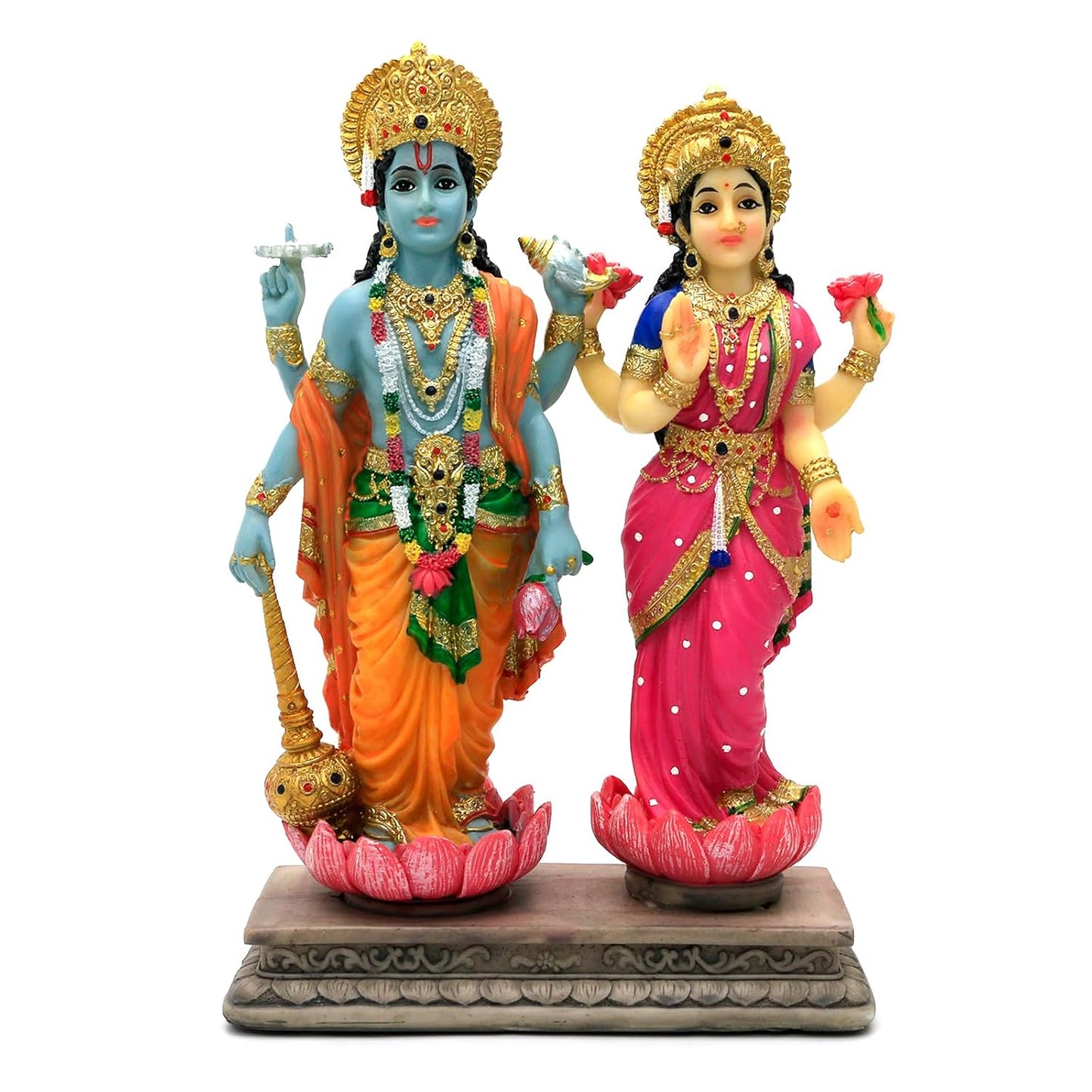 New Standing Vishnu Laxmi Idol On Base-Height-9 Inches-Multicoloured-Resin