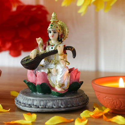 Regular Sitting Saraswati Idol Playing Sitar-Height-3.5 Inches-Multicoloured-Resin