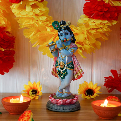 Handcrafted Standing Krishna Idol On Lotus-Height-8.5 Inch-Multicolour-Resin