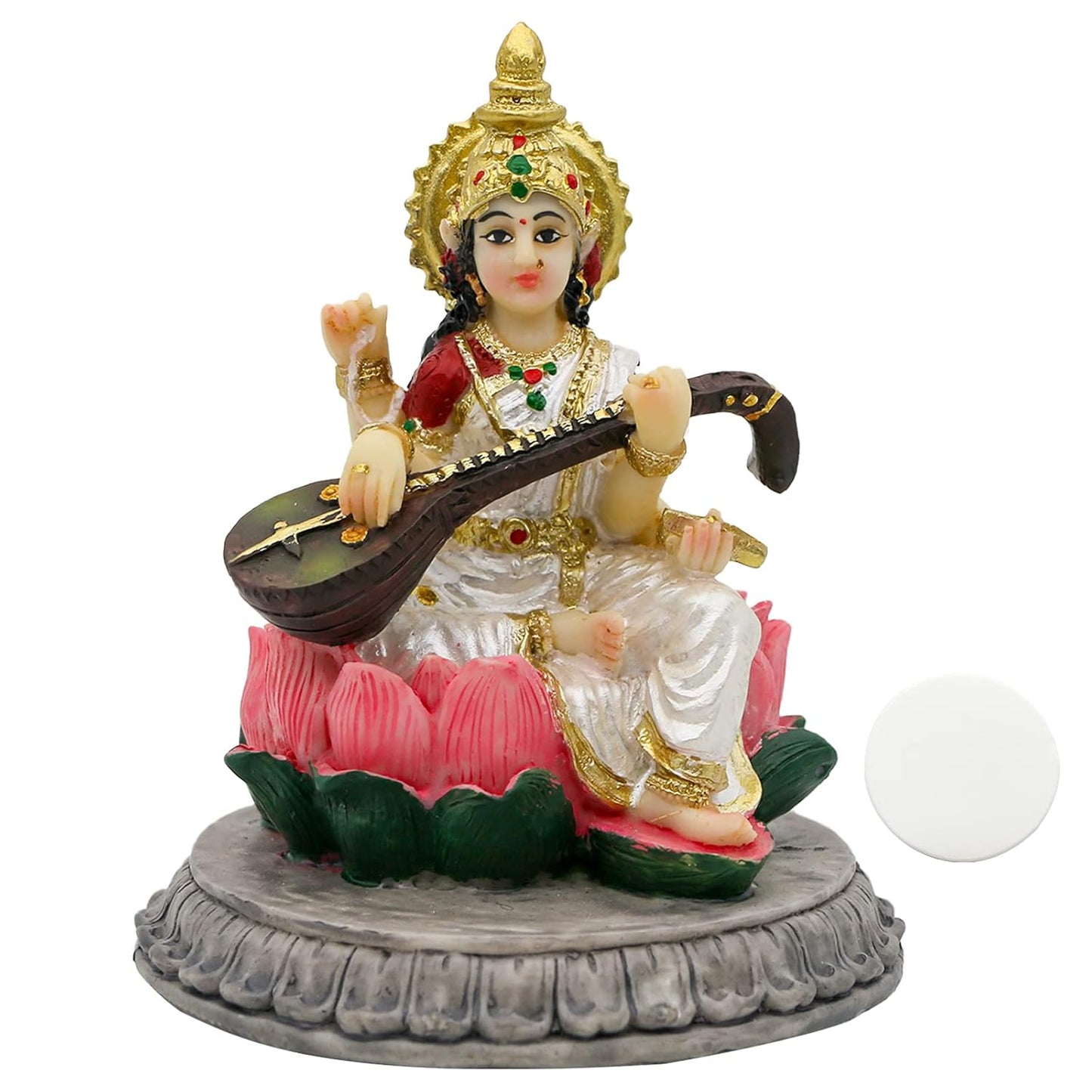 Regular Sitting Saraswati Idol Playing Sitar-Height-3.5 Inches-Multicoloured-Resin