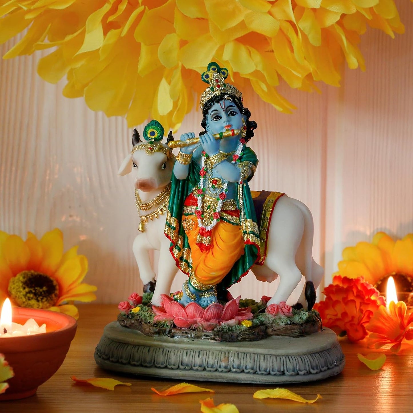 Handcrafted Medium Standing Beautiful Krishna Idol Playing Flute Besides Cow-Height-5.5 Inches-Multicoloured-Resin
