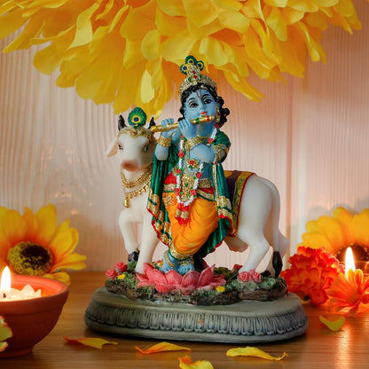 Handcrafted Medium Standing Beautiful Krishna Idol Playing Flute Besides Cow-Height-5.5 Inches-Multicoloured-Resin