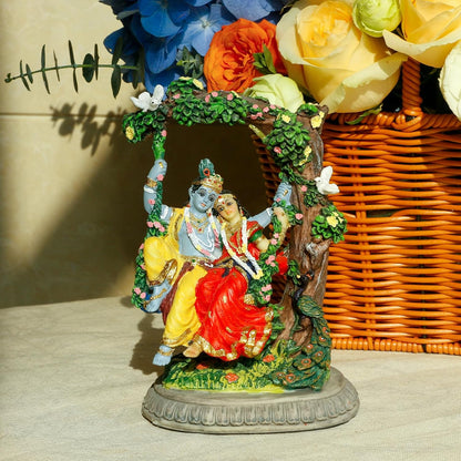 Handcrafted Beautiful Radha Krishna Idol On A Swing for Home Decoration-Height-6.5 Inches-Multicolour-Resin