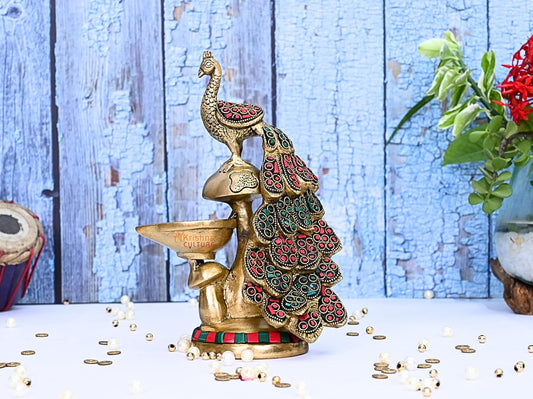 Handmade Stand with Diya-Peacock Style-Brass Made-Height-6 Inches