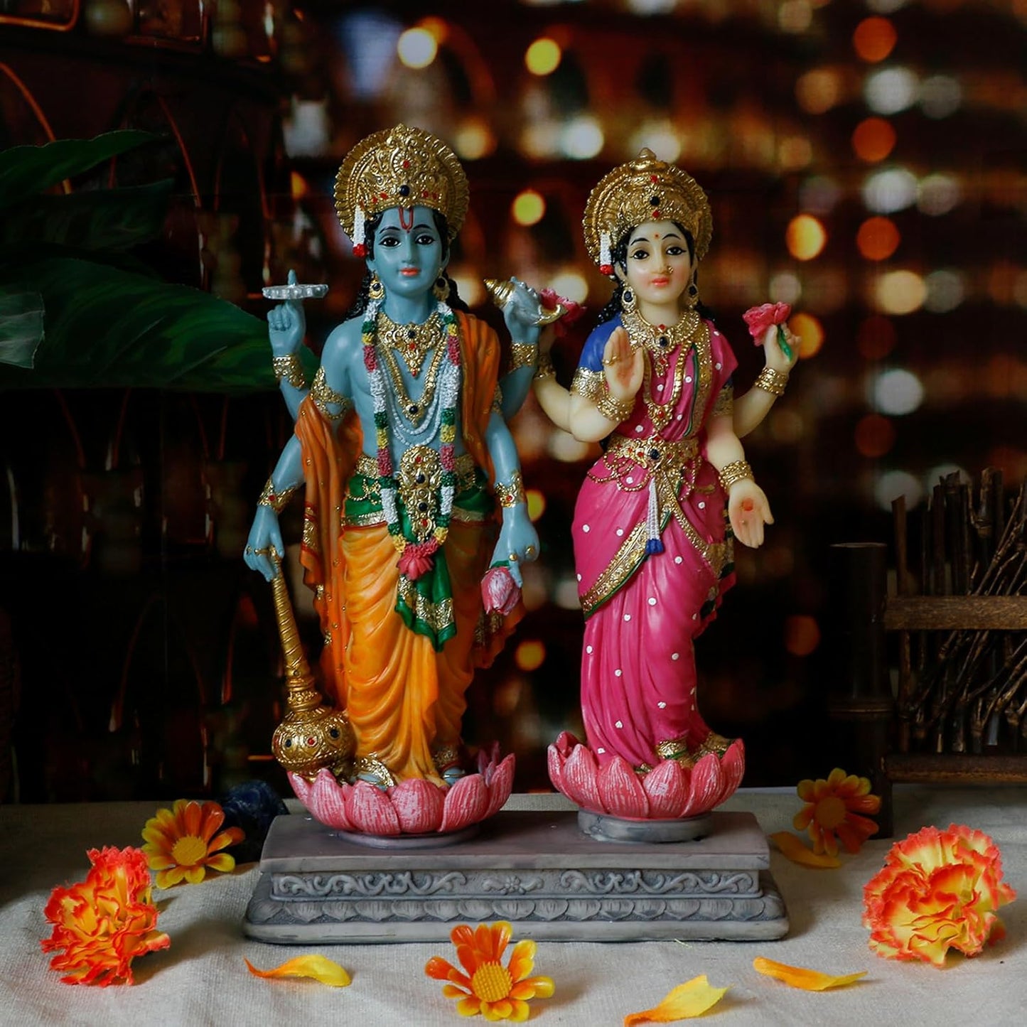 New Standing Vishnu Laxmi Idol On Base-Height-9 Inches-Multicoloured-Resin