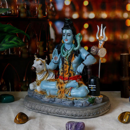 Medium Sitting Shiva Idol With Nandi-Multicoloured-Resin-Height-6 Inches-Shiv Nandi
