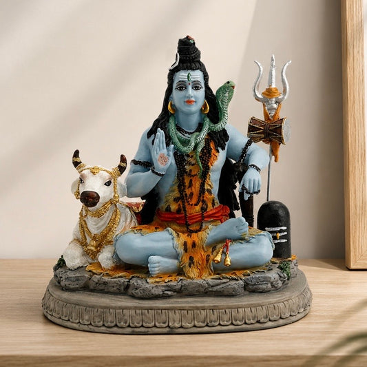 Medium Sitting Shiva Idol With Nandi-Multicoloured-Resin-Height-6 Inches-Shiv Nandi