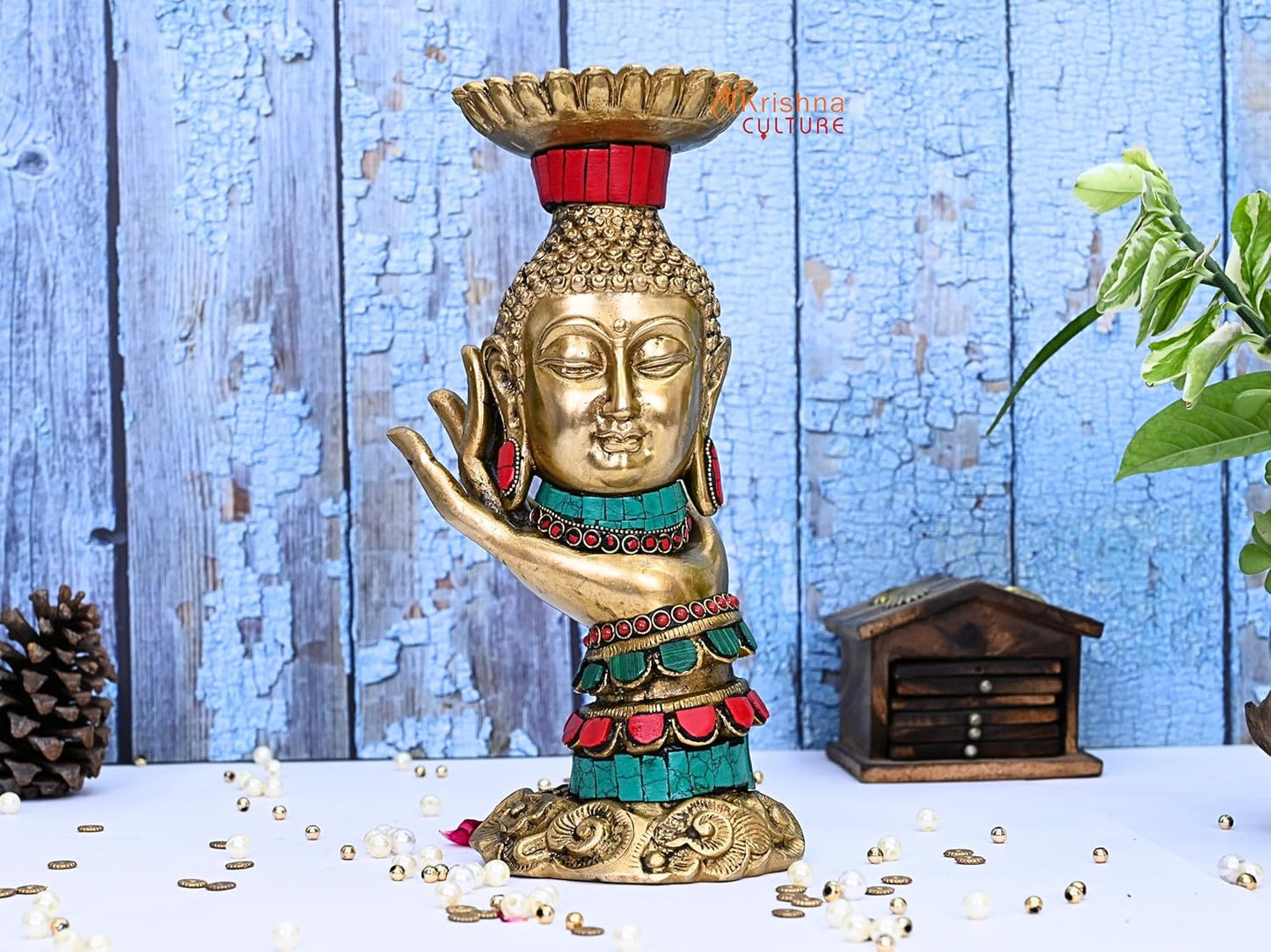 Buddha Hand Candle Stand-Brass Made-Height-10 Inches-Inlay Work