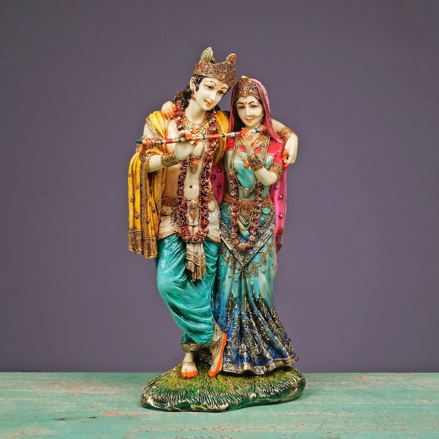 Radha Krishna Standing Holding Flute-Multicoloured-Height-6 Inches-Resin-Krishna Murti For Temple