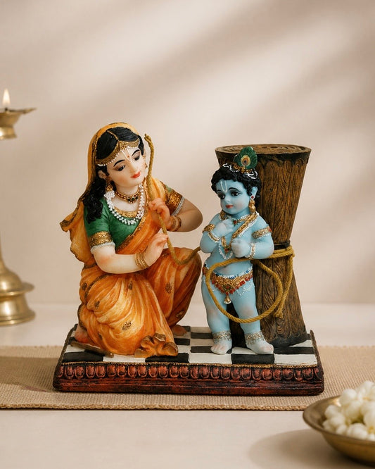 Handcrafted Damodar Leela Maa Yashoda Binding Krishna Idol for Temple & Decor-Multicolour-Height-5.5 Inches-Resin