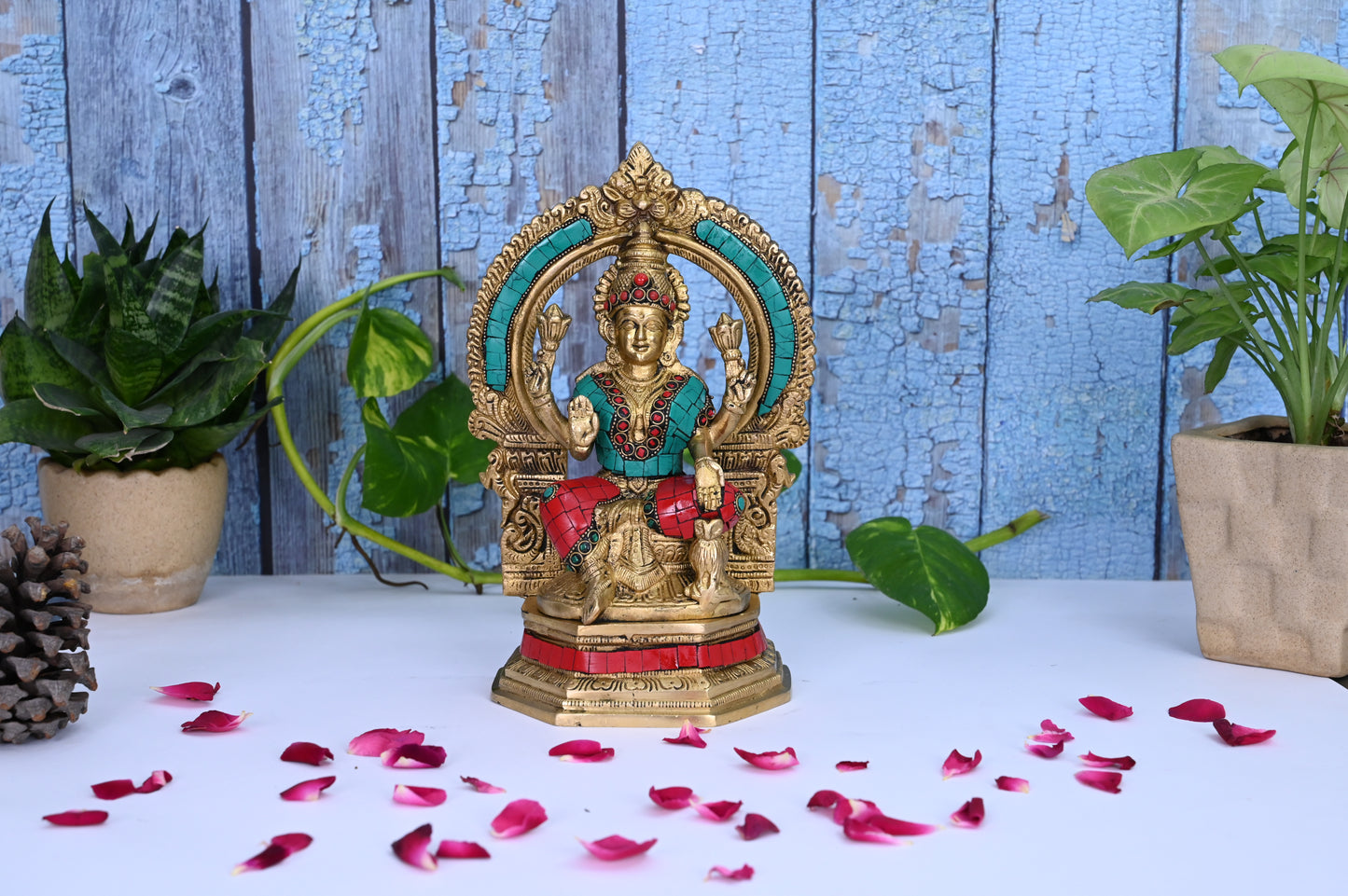 Laxmi Idol Sitting On Sinhasan-Arc Style-Brass Inlay Work-Height-8 Inches