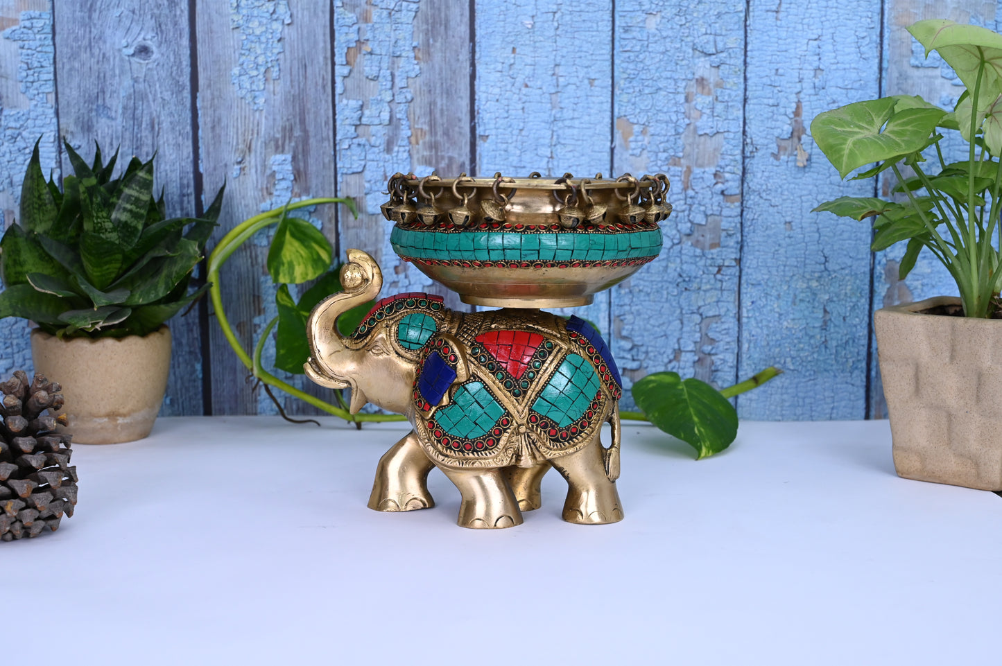 Handmade Elephant Shape Urli Brass Made-Inlay Work With Bells For Home Decoration-Height-8 Inches