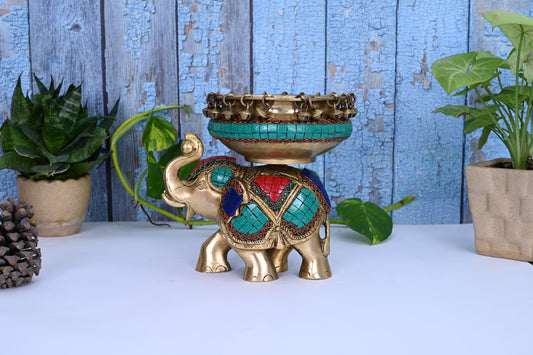 Handmade Elephant Shape Urli Brass Made-Inlay Work With Bells For Home Decoration-Height-8 Inches