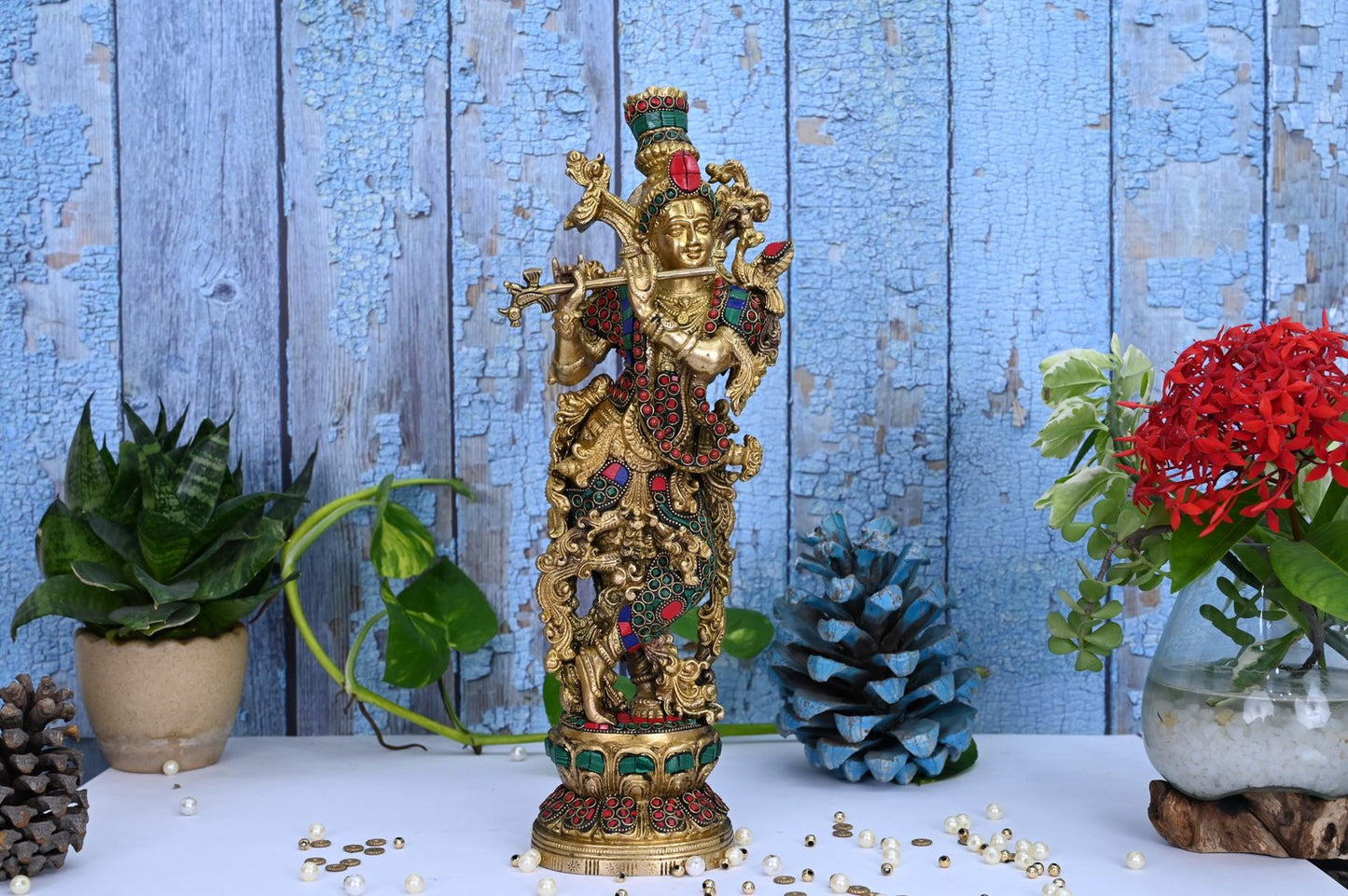 New 4D Full Carved Krishna Murti/Idol/Statue-Height-15 Inches,Material-Brass With Stonework