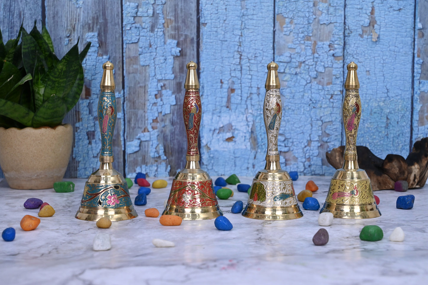 Brass Hand Bell For Puja-Enamel Workl-Bell For Temple-Height-6 Inches