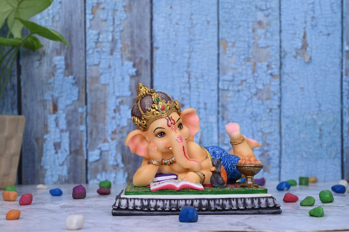 Baby Young Ganesh Reading Book with Mouse-Height-5.5 Inches-Resin-Multicoloured
