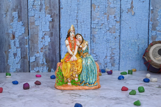 Radha Krishna Sitting On Rocks-Multicoloured-Height-6 Inches-Resin-Krishna Murti For Temple