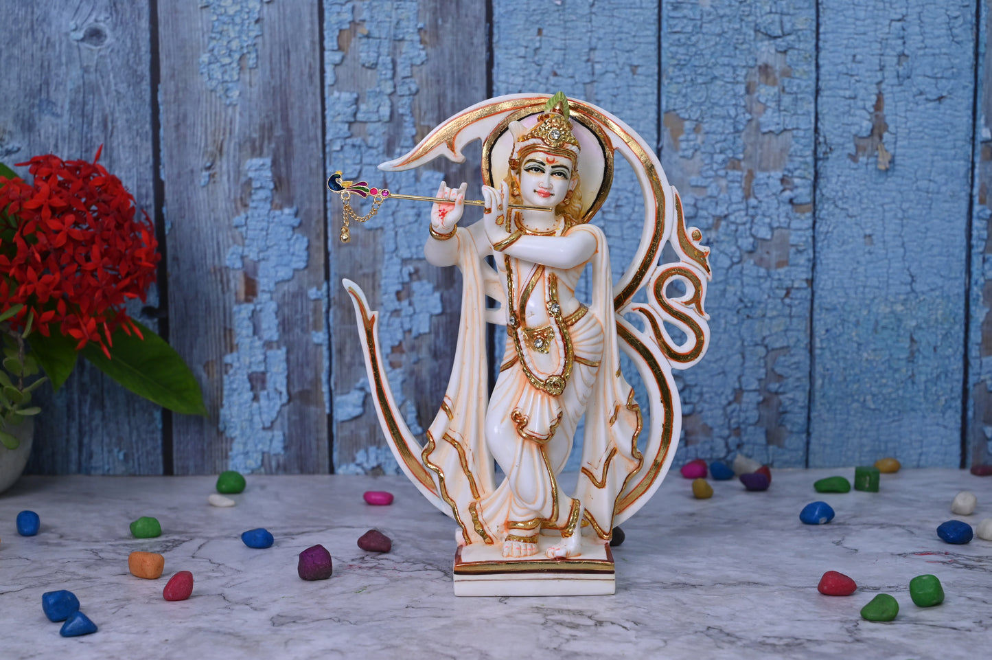 Standing Krishna Playing Flute With Om Background-Marble-Height-12 Inches