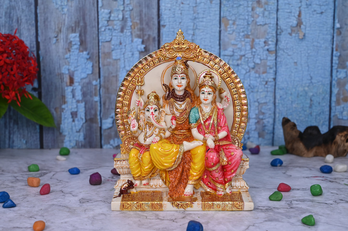 Shiv Parivar Idol On Sinhasan-Multicoloured-Height-7 Inches-Resin-Shiva Family