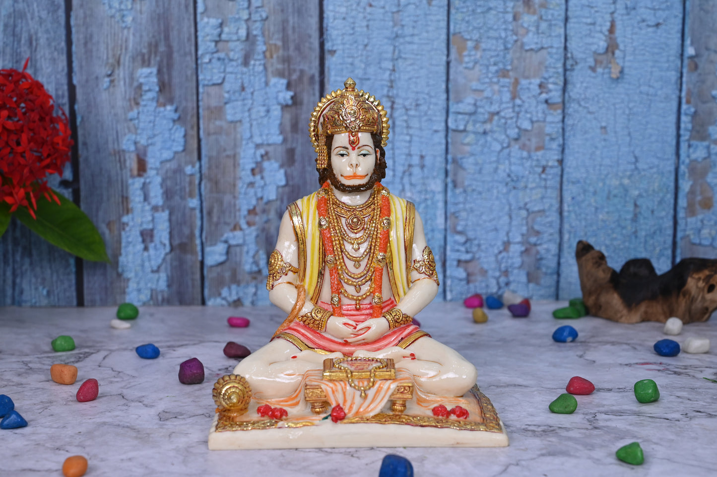 Hanuman Idol Meditating Pose With Book-Multicoloured-Height-7 Inches-Resin-Murti For Temple