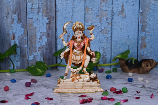 Large Kaali Mata Idol Standing On Shiva Crest Statue-Resin-Height-7 Inches-Multicoloured