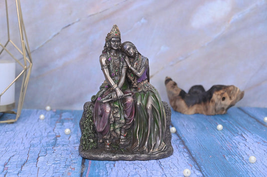 Beautiful Radha Krishna On Rocks-Height-6.75 Inches-Antique Finish-Resin