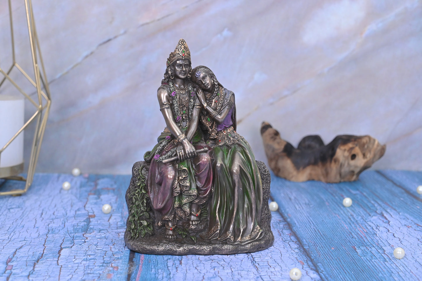 Beautiful Radha Krishna On Rocks-Height-6.75 Inches-Metallic Finish-Resin