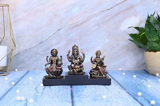 New Regular Combo of Sitting Laxmi Ganesh and Saraswati-Home Decorative-Antique Finish-Length 8 Inches