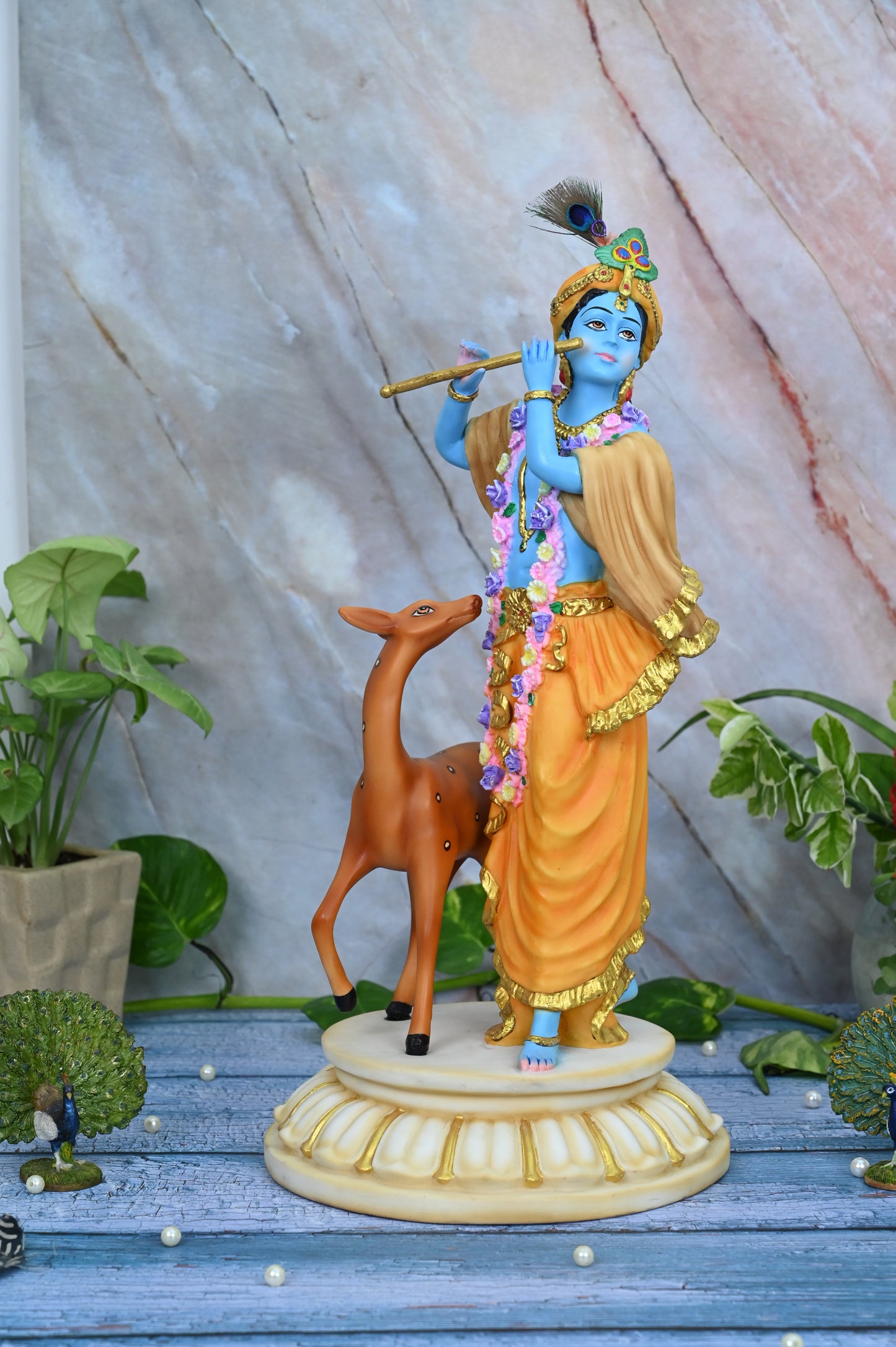 New Large Standing Krishna Idol Playing Flute With Deer-Height-18 Inches-Resin
