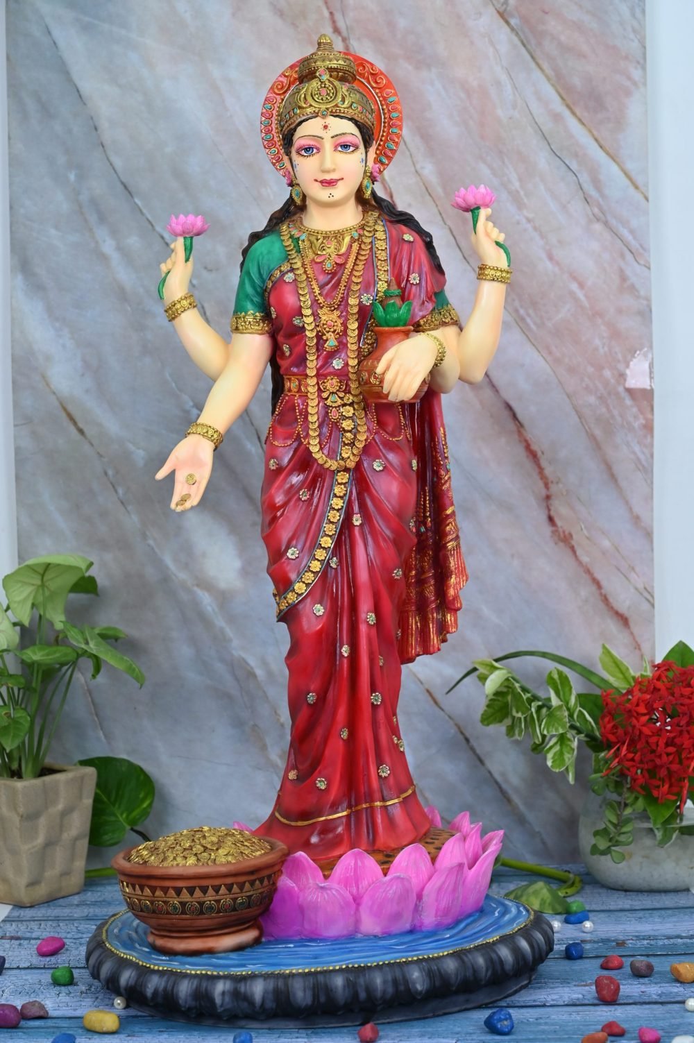 New Large Standing Laxmi Ji with 4 Hands with Base-Height-27 Inches-Multicoloured