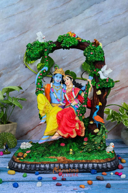 Handcrafted Very Large Beautiful Radha Krishna Idol Swinging On A Tree-Height-20.5-Multicolour-Resin