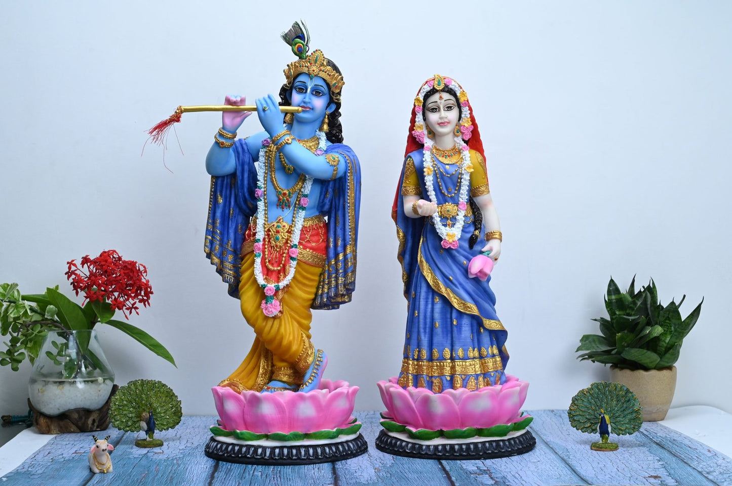 Handcrafted Large Beautiful Radha Krishna Standing On Lotus (Separate Bases) For Home Decoration-Height-22 Inches