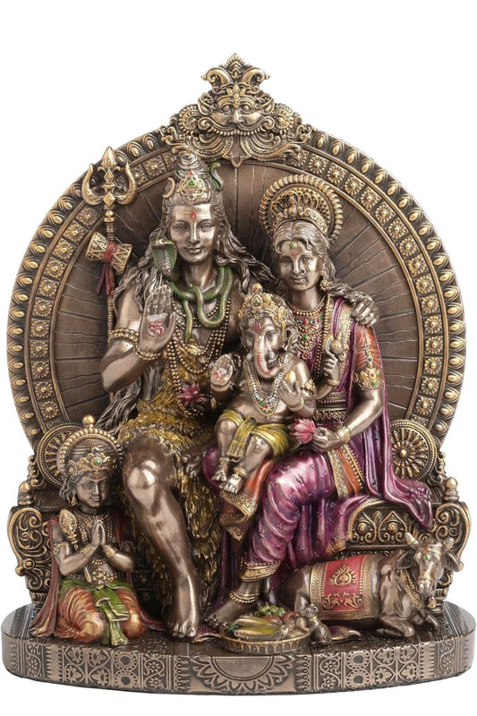 Lord Shiva with Family Parvati Ganesha and Kartikeya Cold Cast Resin Bronze Finish Statue Home Decor Gift-Height-7.5 inches