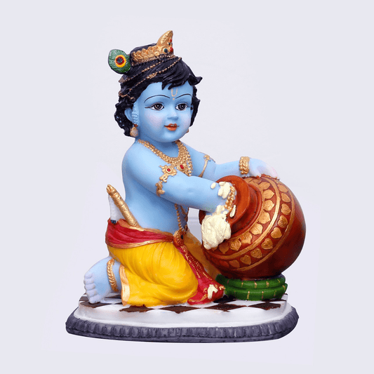 Handcrafted Big Beautiful Cute Krishna Idol Stealing Butter from Pot On Turban-Height-8 Inches-Multicolour-Resin